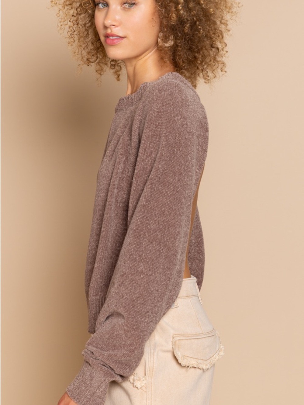 POL Round Neck Backless Sweater with Ribbed Edge - Picture 3 of 4